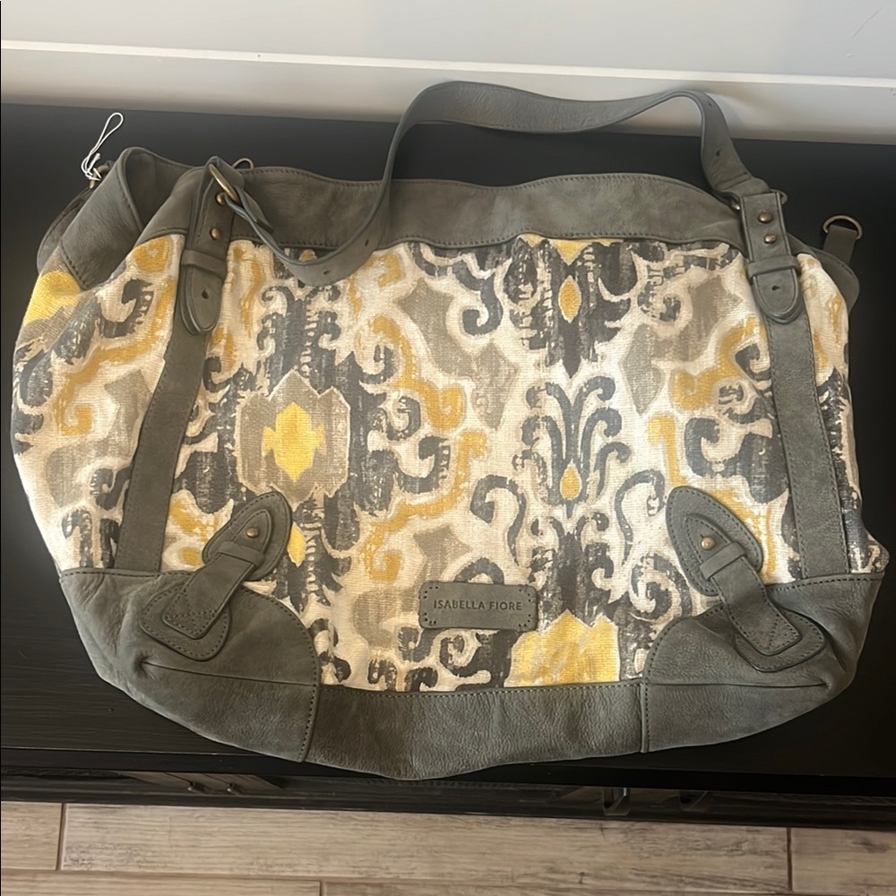 Isabella Fiore Gray and Yellow Tote Bag with Ornate Design
